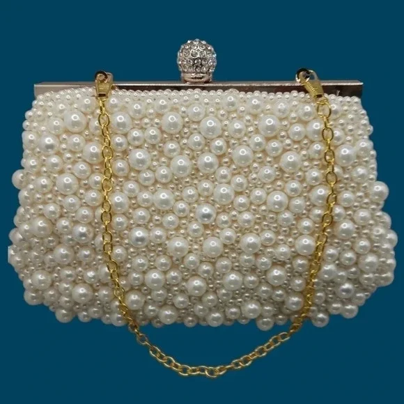 My gift faux pearl evening clutch shoulder bag beige - Picture 8 of 12
